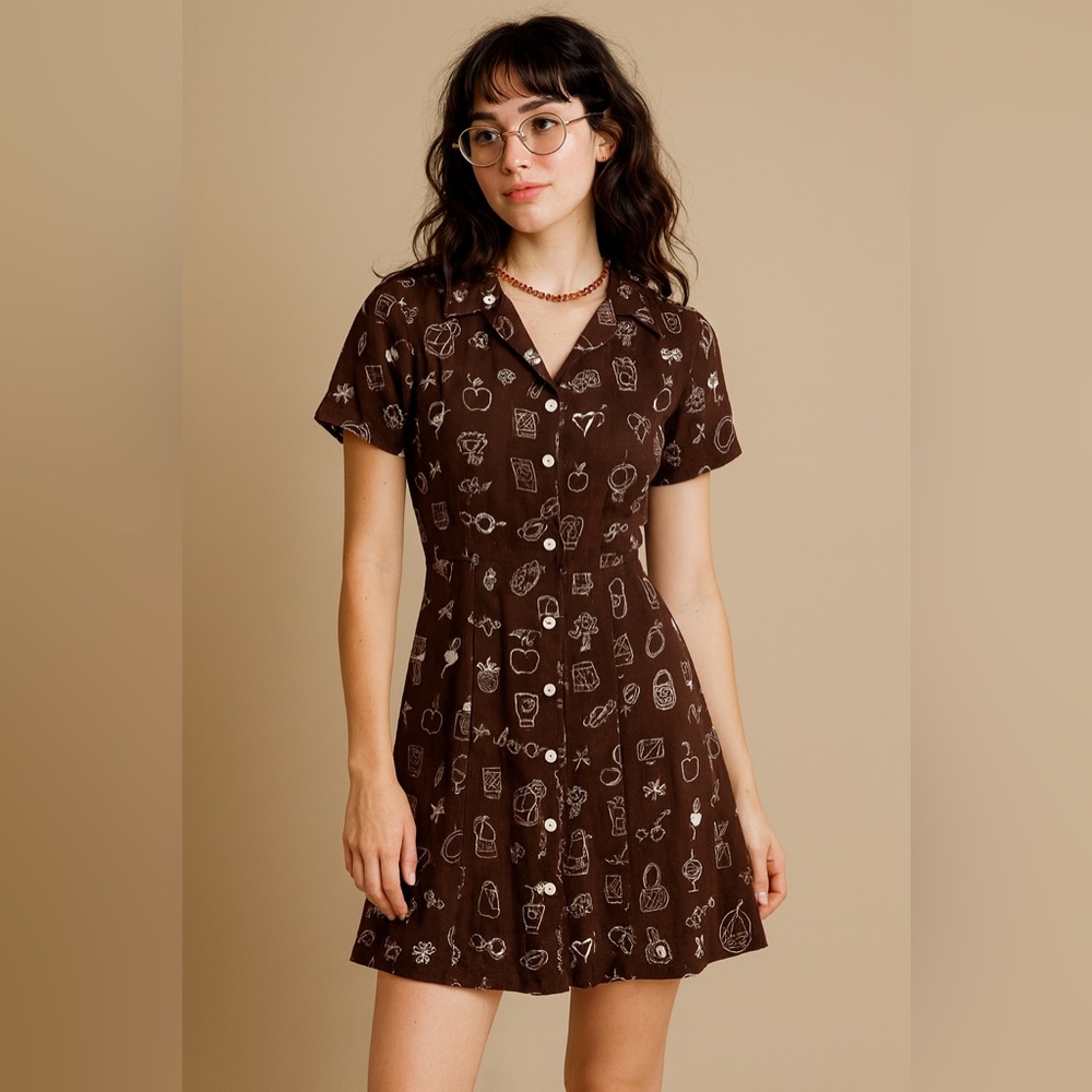 Ice Vintage Y2K Rayon Collared Short Sleeve Brown White Whimsical Dress 4P